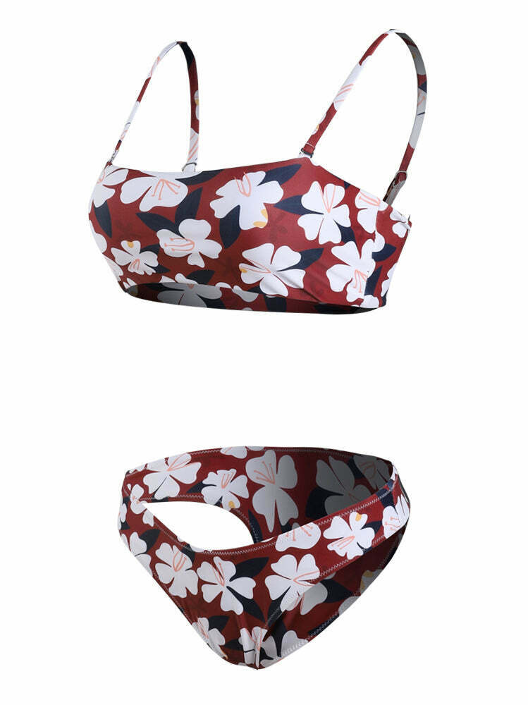 Y2K Aesthetic Flower Print Bandeau Thong Bikini - Retro Coquette Style Swimwear