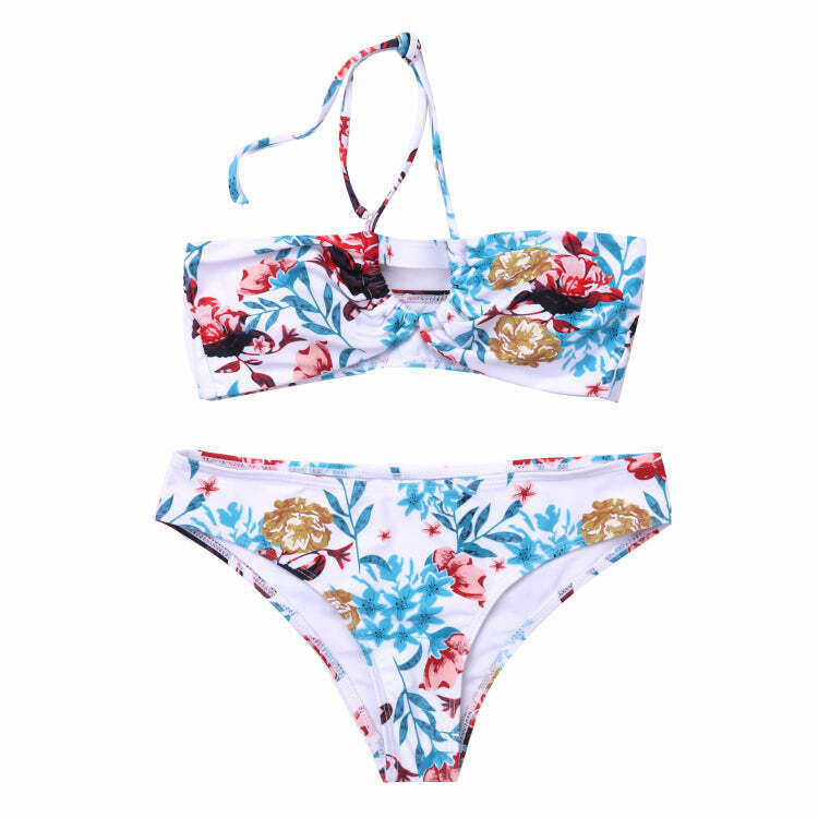 Y2K Aesthetic Flower Print Bikini Set with High Cut and Knot Detail