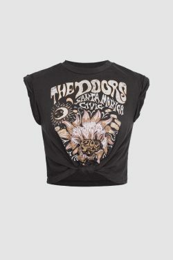 Y2K Aesthetic Flower Print Hem Knotted Short Sleeve T-Shirt for Women - Coquette & Grunge Style