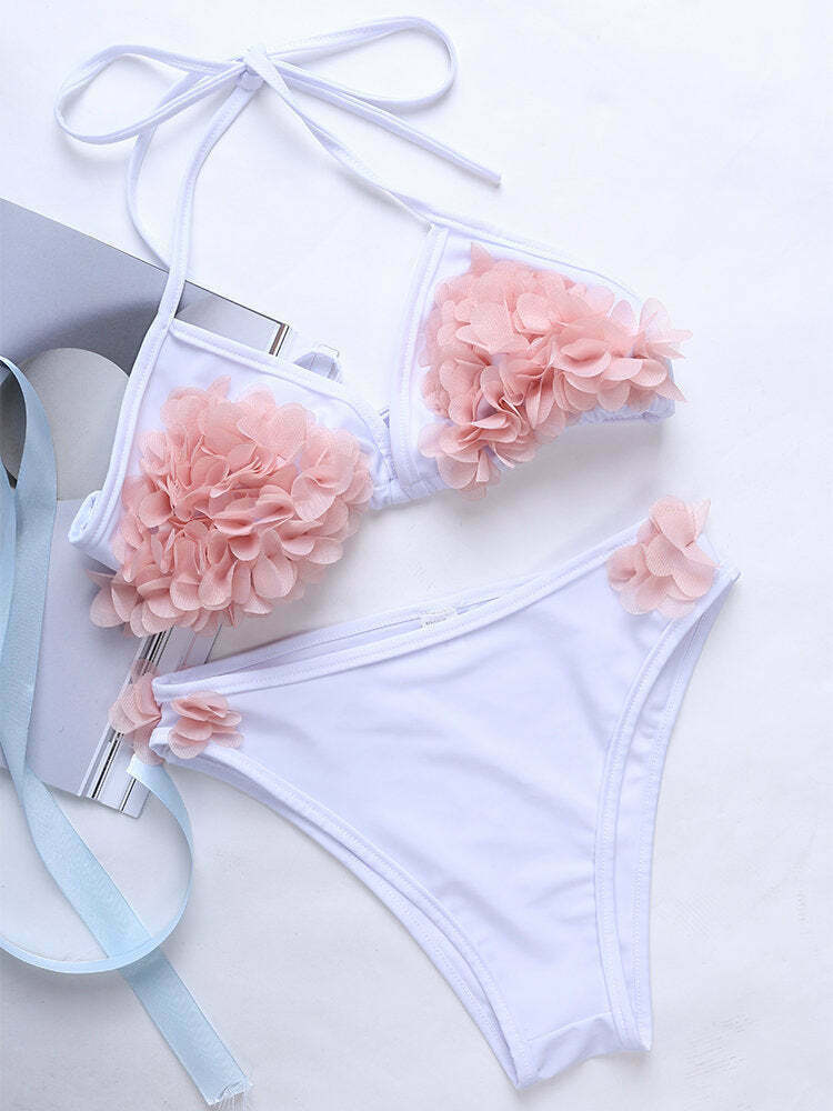 Y2K Aesthetic Flower String Halter Triangle Cup Bikini Set - Women's Swimsuit