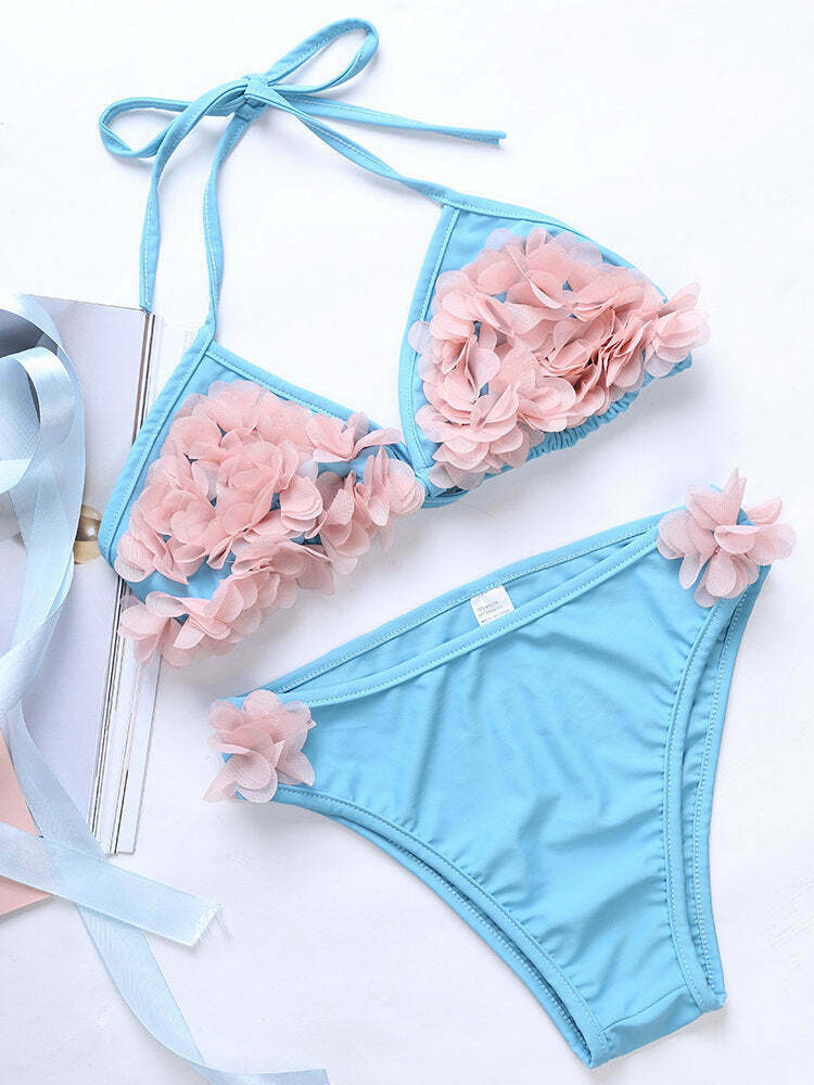 Y2K Aesthetic Flower String Halter Triangle Cup Bikini Set - Women's Swimsuit