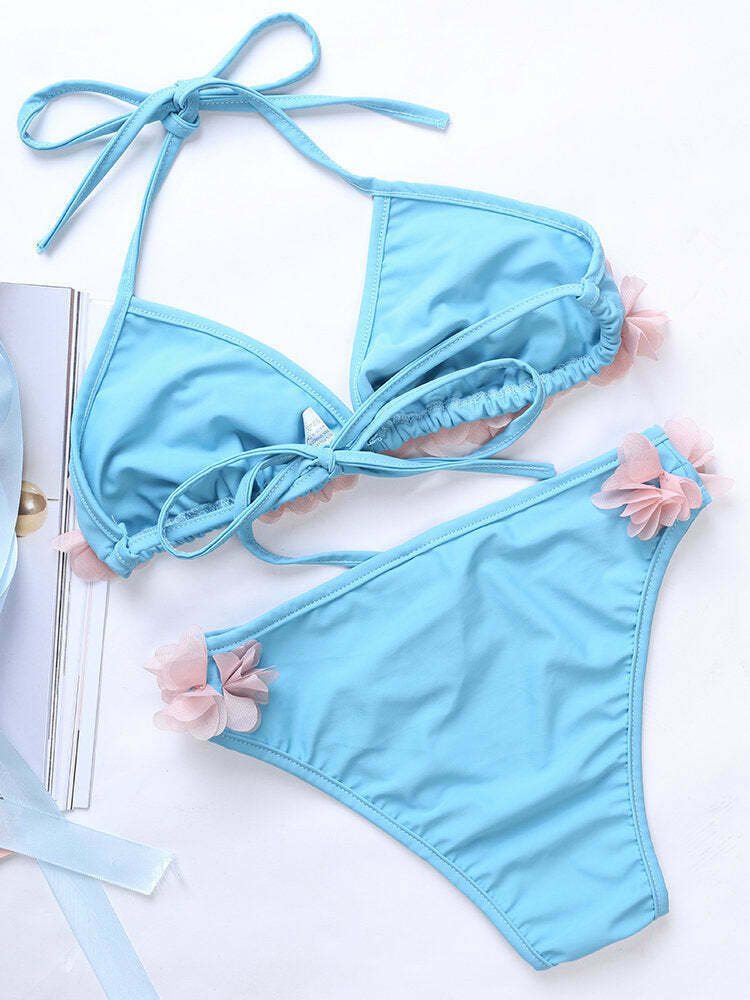 Y2K Aesthetic Flower String Halter Triangle Cup Bikini Set - Women's Swimsuit