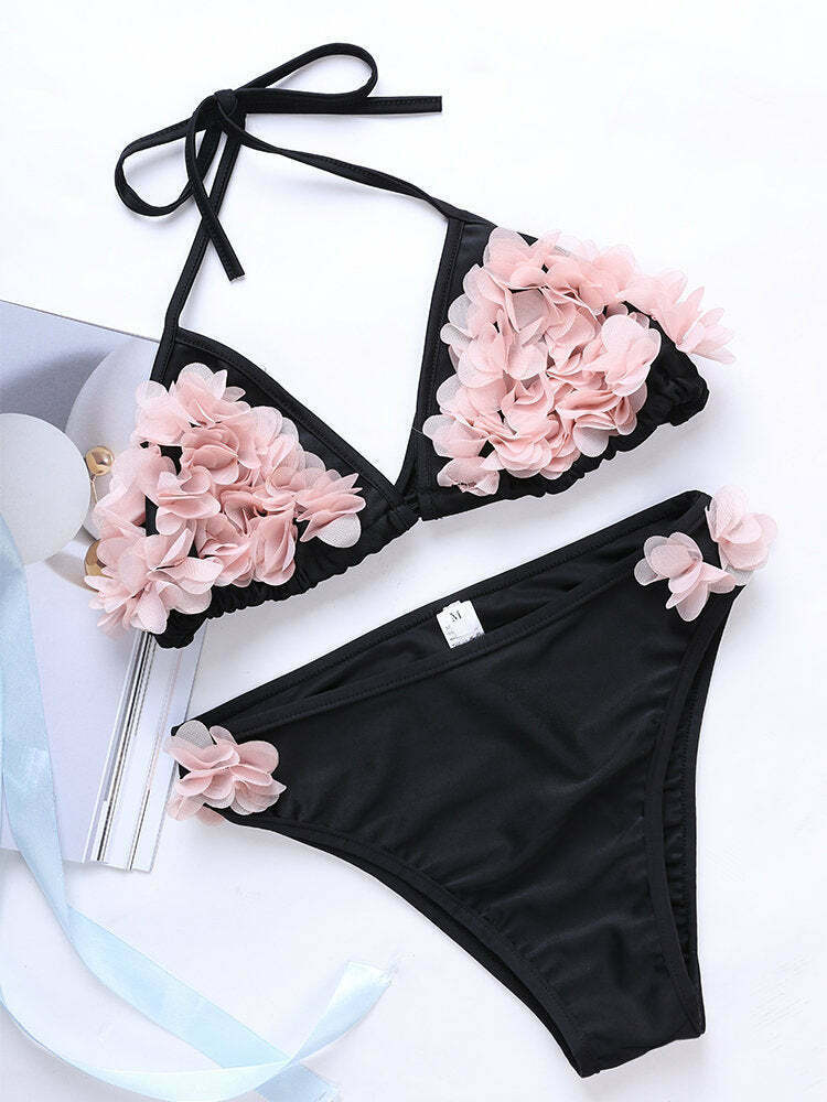 Y2K Aesthetic Flower String Halter Triangle Cup Bikini Set - Women's Swimsuit