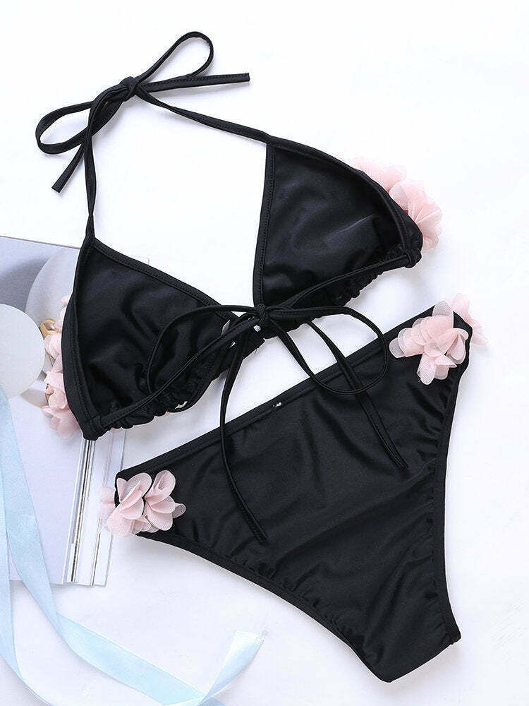 Y2K Aesthetic Flower String Halter Triangle Cup Bikini Set - Women's Swimsuit