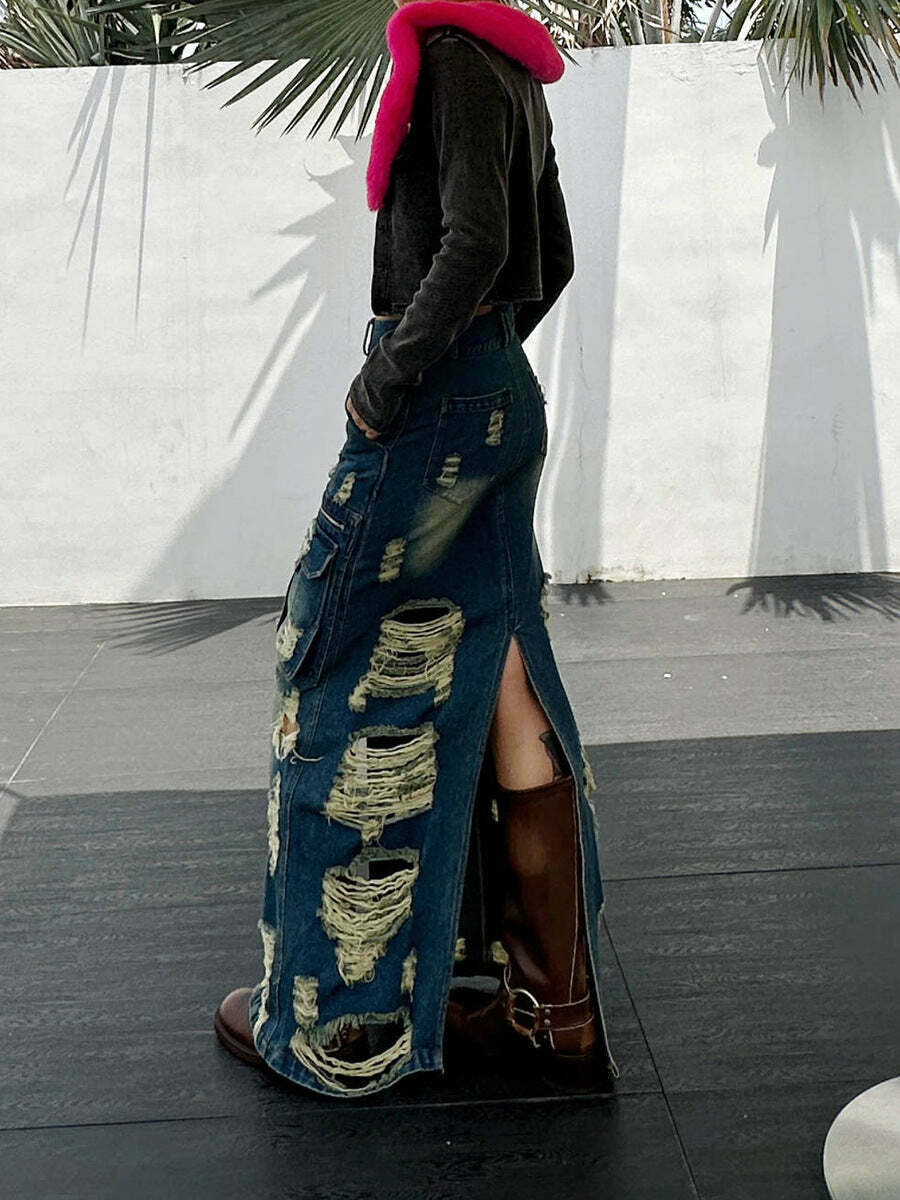 Y2K Aesthetic Frayed Denim Cargo Skirt - Coquette Style with Grunge &