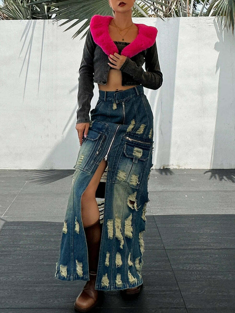 Y2K Aesthetic Frayed Denim Cargo Skirt - Coquette Style with Grunge &
