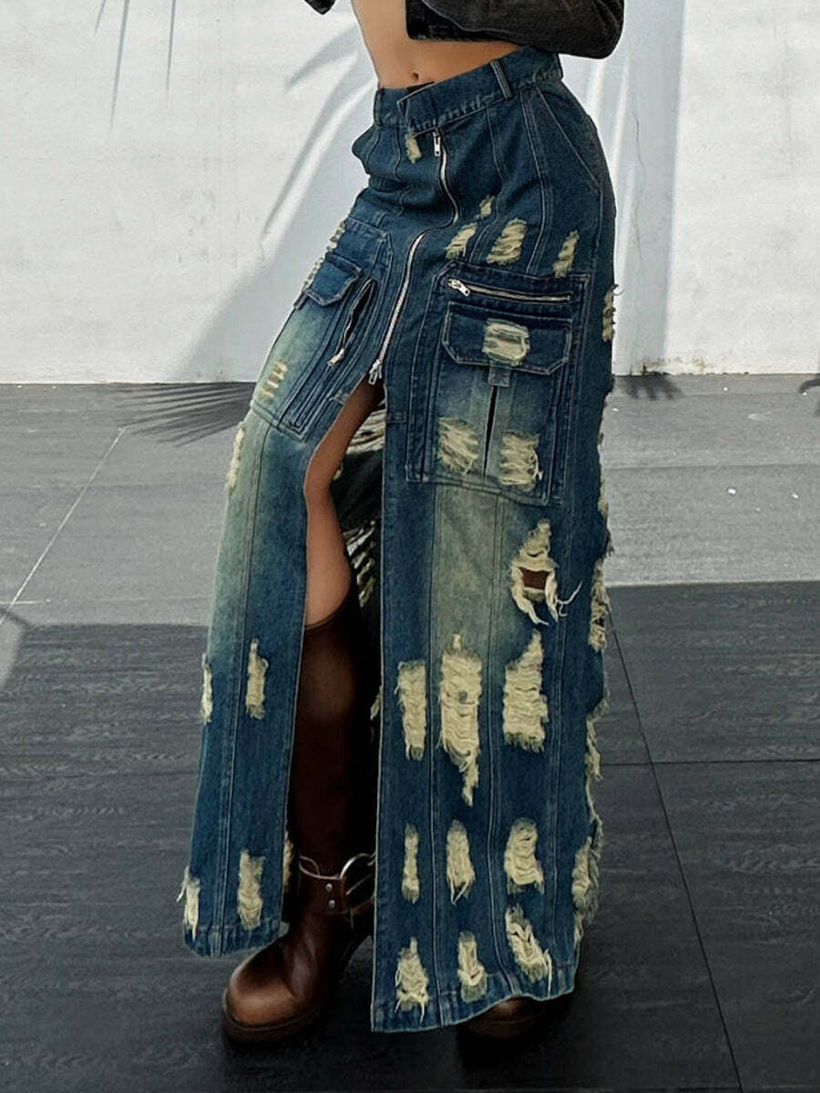 Y2K Aesthetic Frayed Denim Cargo Skirt - Coquette Style with Grunge &