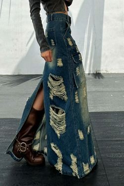 Y2K Aesthetic Frayed Denim Cargo Skirt - Coquette Style with Grunge &