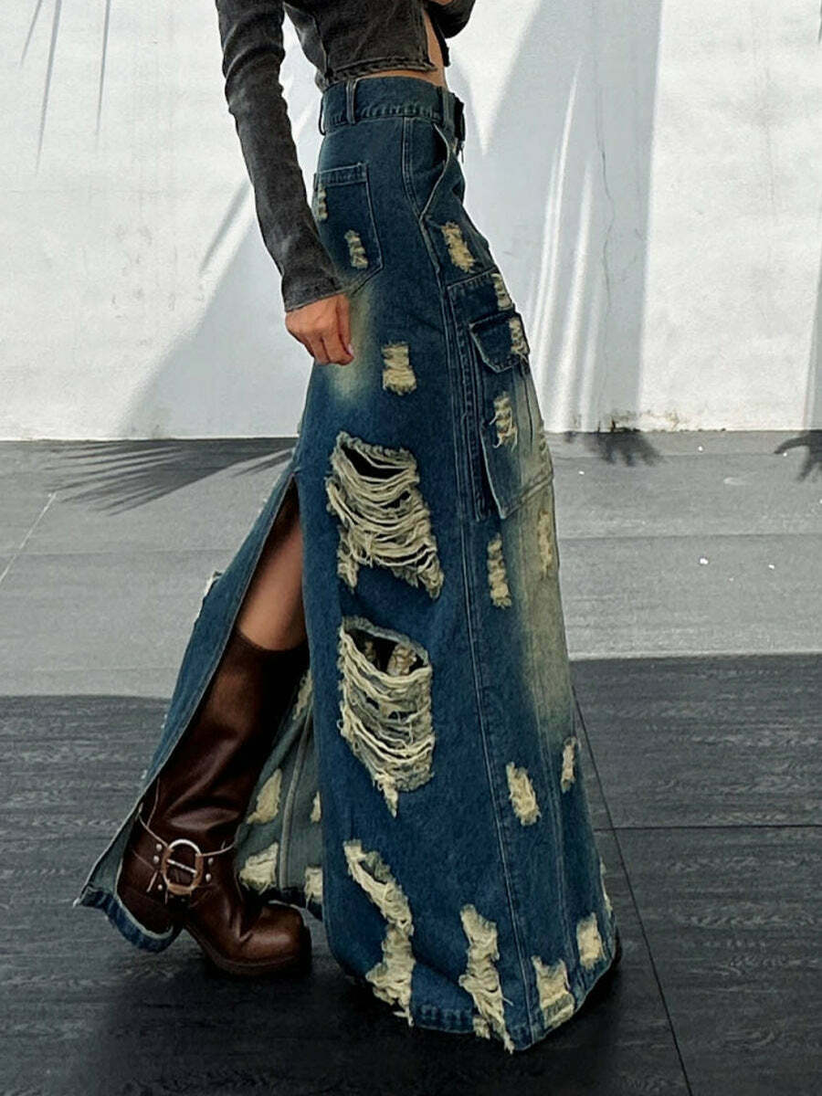 Y2K Aesthetic Frayed Denim Cargo Skirt - Coquette Style with Grunge &