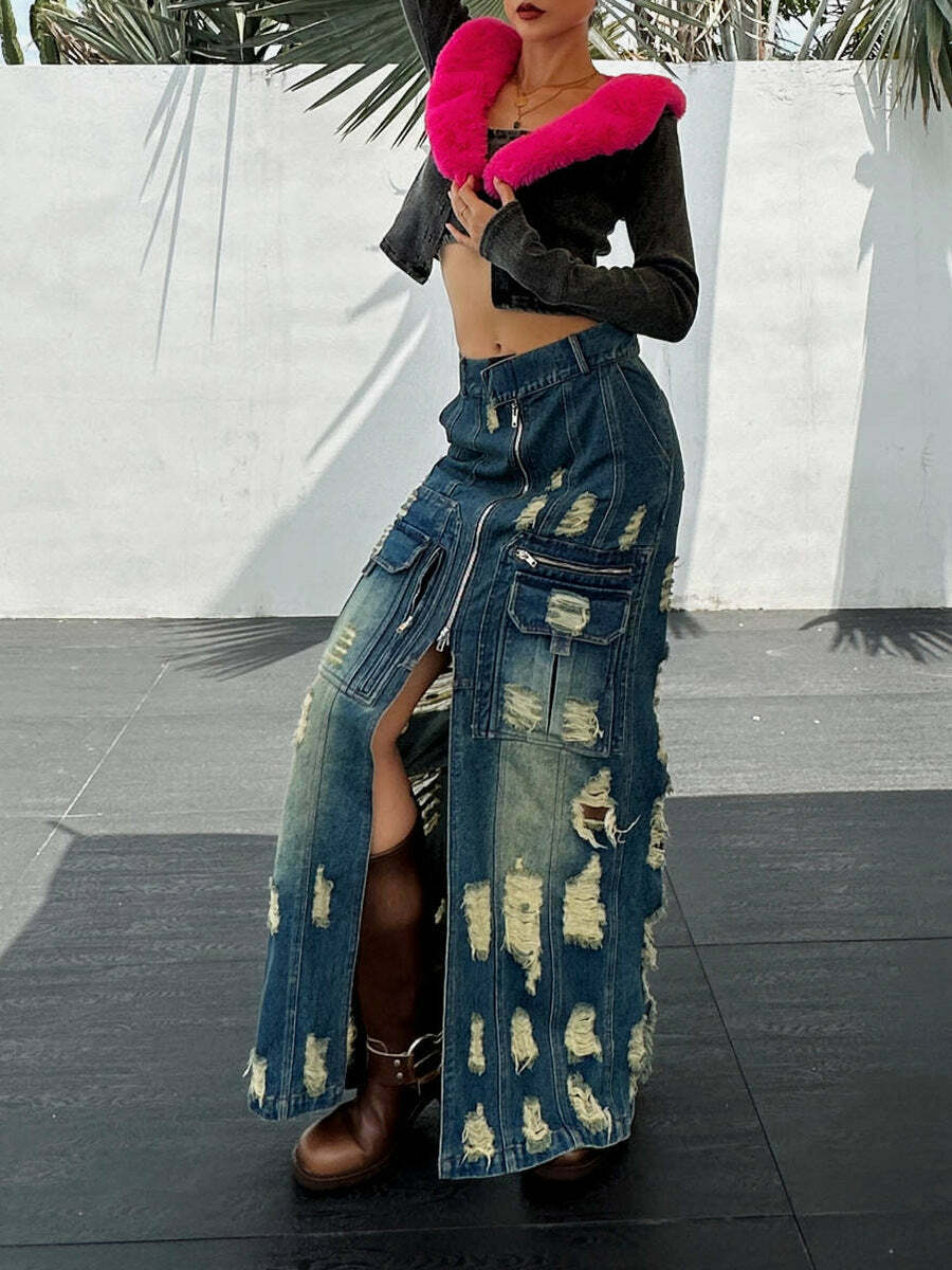 Y2K Aesthetic Frayed Denim Cargo Skirt - Coquette Style with Grunge &