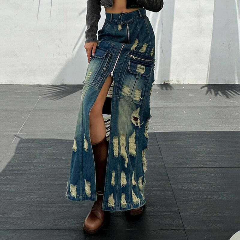 Y2K Aesthetic Frayed Denim Cargo Skirt - Coquette Style with Grunge &