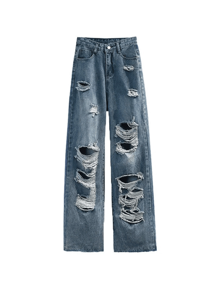 Y2K Aesthetic Frayed Detail High Waist Ripped Jeans for Women - Coquette Fashion Grunge Style