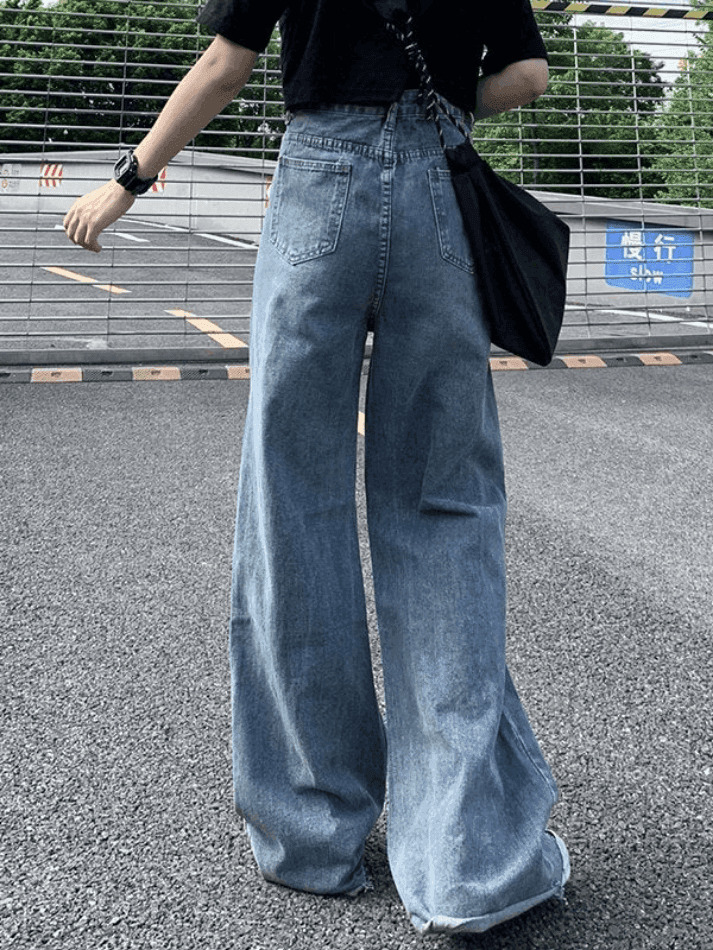 Y2K Aesthetic Frayed Detail High Waist Ripped Jeans for Women - Coquette Fashion Grunge Style
