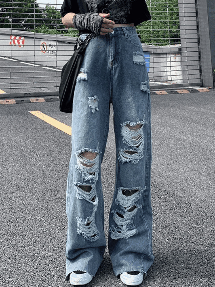 Y2K Aesthetic Frayed Detail High Waist Ripped Jeans for Women - Coquette Fashion Grunge Style