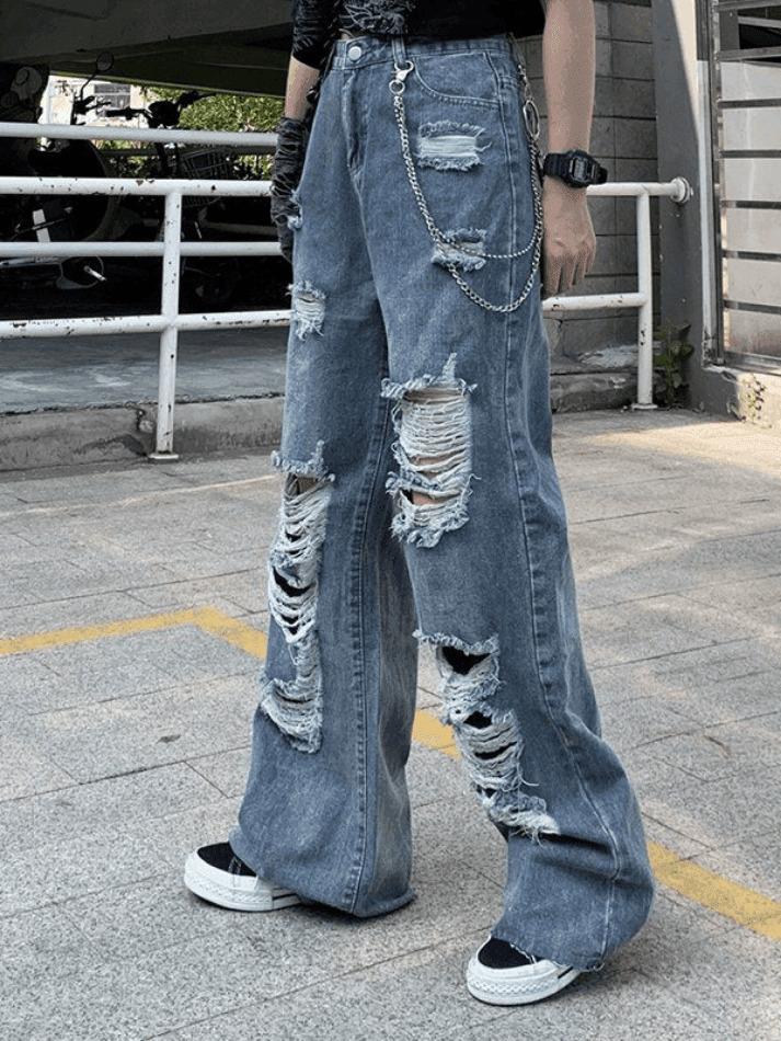 Y2K Aesthetic Frayed Detail High Waist Ripped Jeans for Women - Coquette Fashion Grunge Style