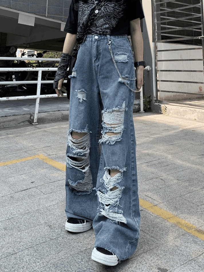 Y2K Aesthetic Frayed Detail High Waist Ripped Jeans for Women - Coquette Fashion Grunge Style