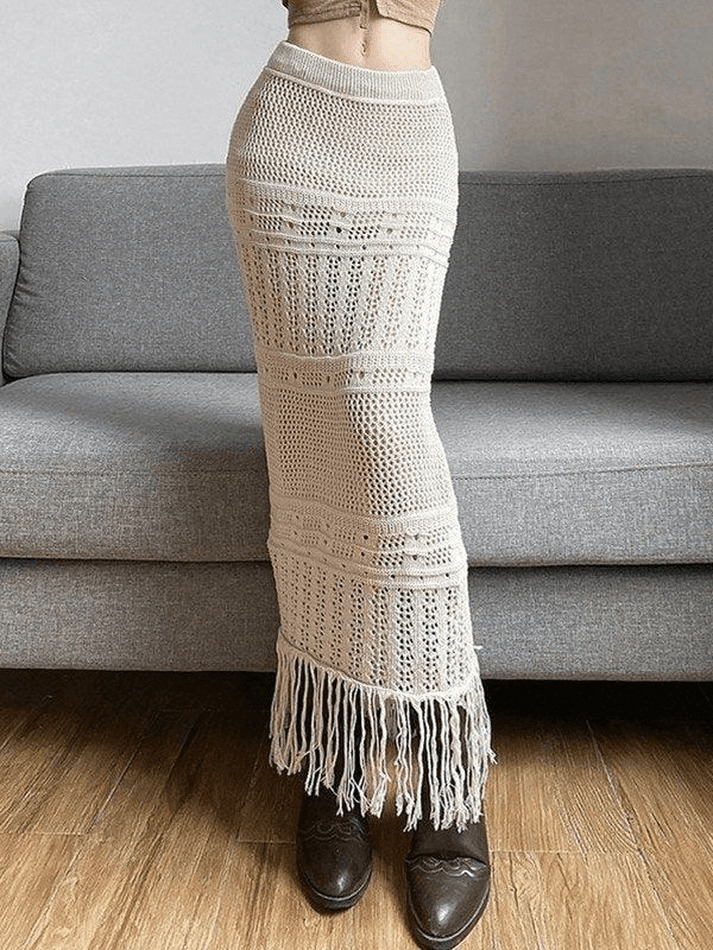 Y2K Aesthetic Fringed Crochet Hollow Knit Long Skirt for Women - Coquette & Grunge Style