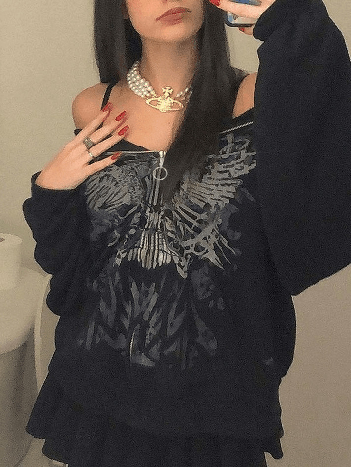 Y2K Aesthetic Front Zip Printed Hoodie - Coquette Grunge Fashion with Pastel Goth Vibes