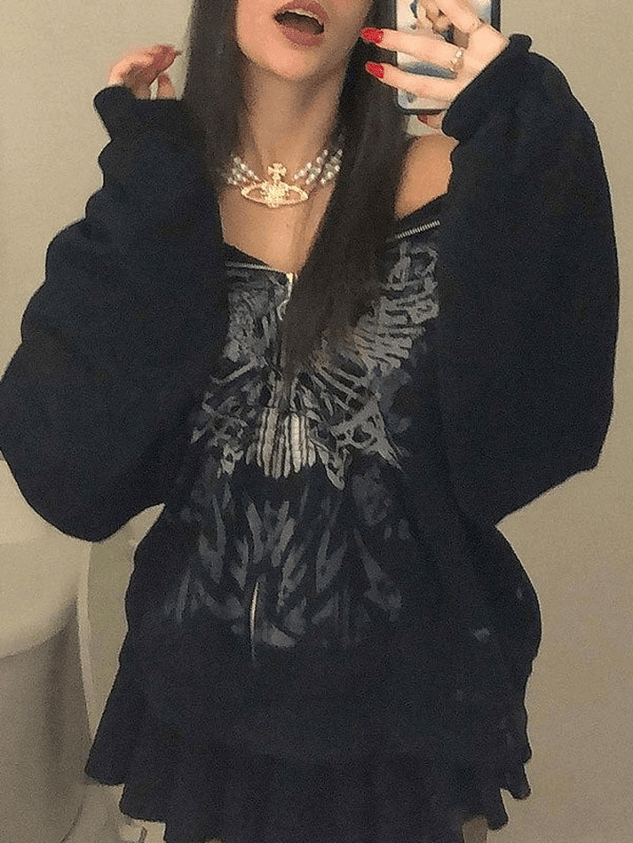 Y2K Aesthetic Front Zip Printed Hoodie - Coquette Grunge Fashion with Pastel Goth Vibes