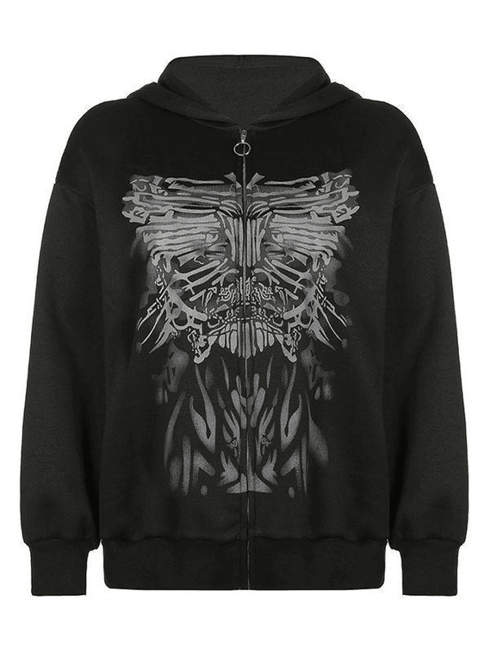 Y2K Aesthetic Front Zip Printed Hoodie - Coquette Grunge Fashion with Pastel Goth Vibes