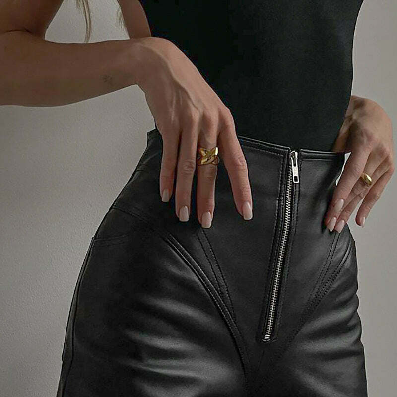 Y2K Aesthetic Front Zipper PU Leather Pants for Women - Hip-Lifting Slim Fit