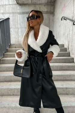 Y2K Aesthetic Fur Collar PU Leather Long Coat - Coquette Style Grunge Fashion Women's Outerwear