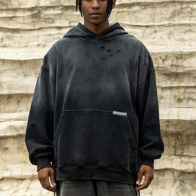 Y2K Aesthetic Gradient Washed Ripped Hoodie - Coquette Fashion for Women