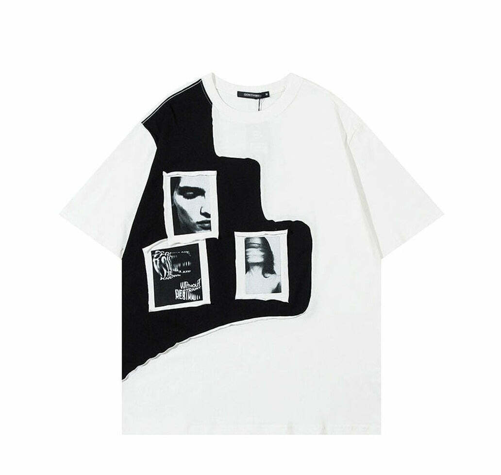 Y2K Aesthetic Graphic Patchwork T-Shirt - Coquette & Grunge Style Tops
