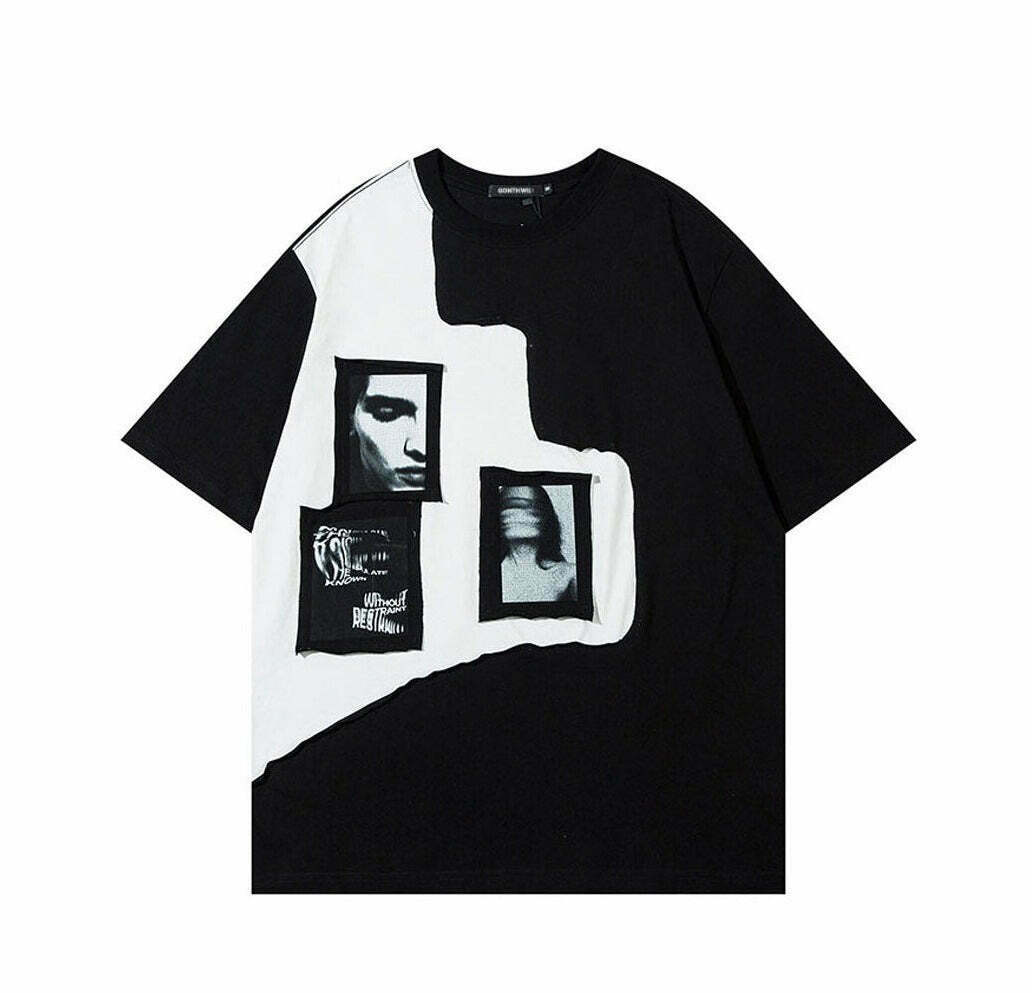 Y2K Aesthetic Graphic Patchwork T-Shirt - Coquette & Grunge Style Tops