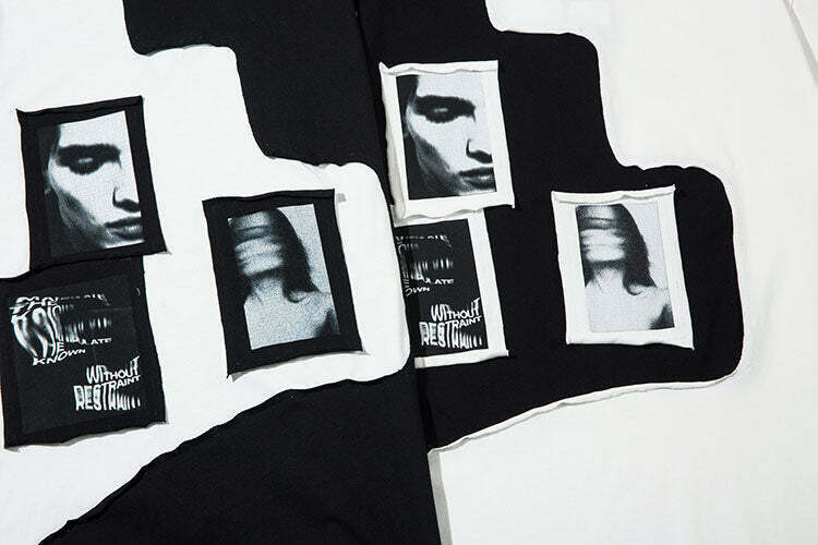 Y2K Aesthetic Graphic Patchwork T-Shirt - Coquette & Grunge Style Tops