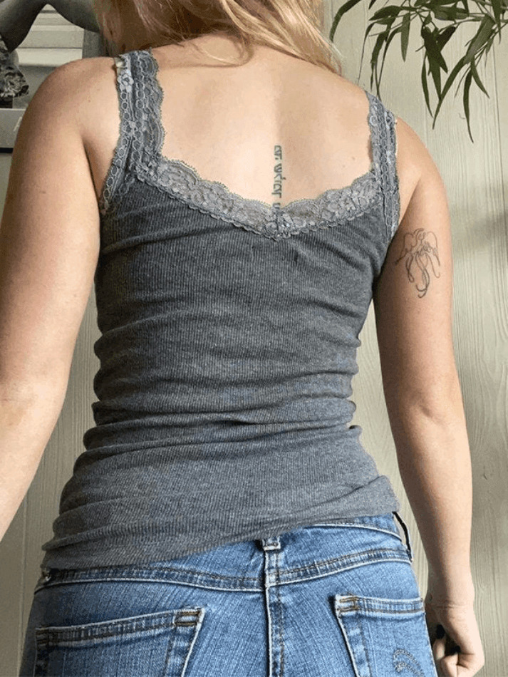 Y2K Aesthetic Gray Tank Top with Lace Trim - Coquette Style Women's Fashion