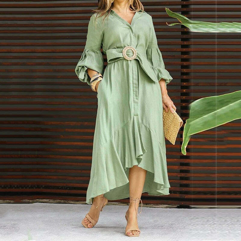 Y2K Aesthetic Green Cargo Skirt Dress with V-Neck and Long Sleeves - Coquette Style for Women