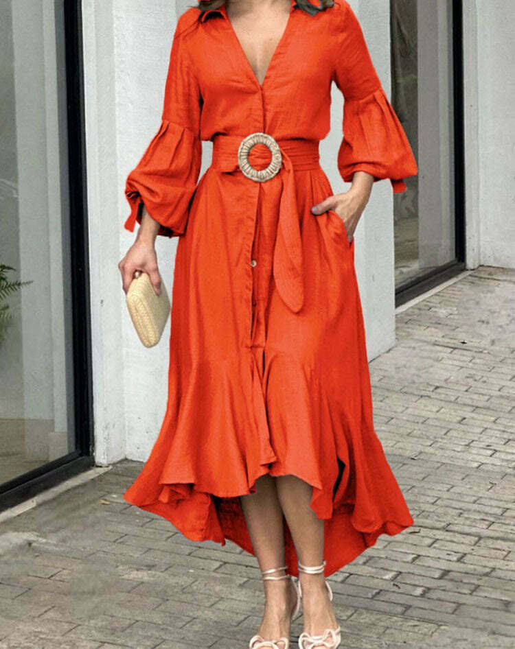 Y2K Aesthetic Green Cargo Skirt Dress with V-Neck and Long Sleeves - Coquette Style for Women