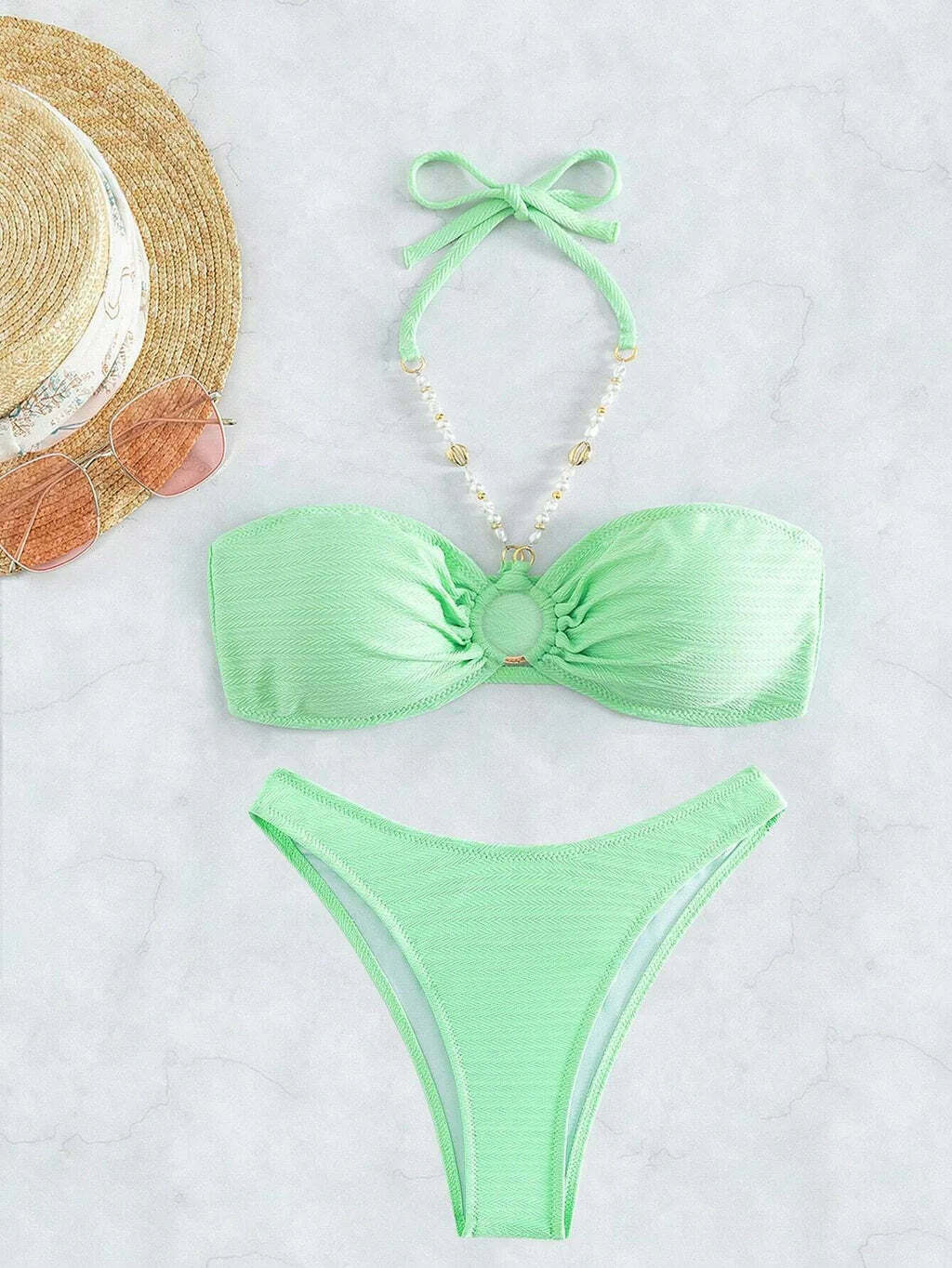 Y2K Aesthetic Green Strap Halter Swimsuit - Coquette Style for Women