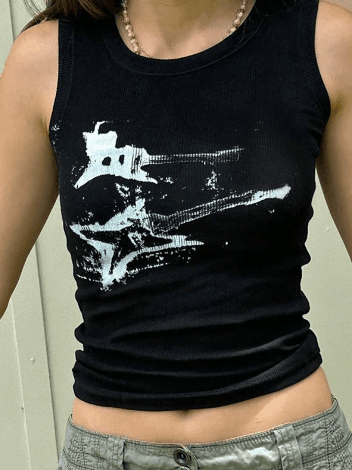 Y2K Aesthetic Guitar Ribbed Cropped Tank - Coquette Grunge Pastel Goth