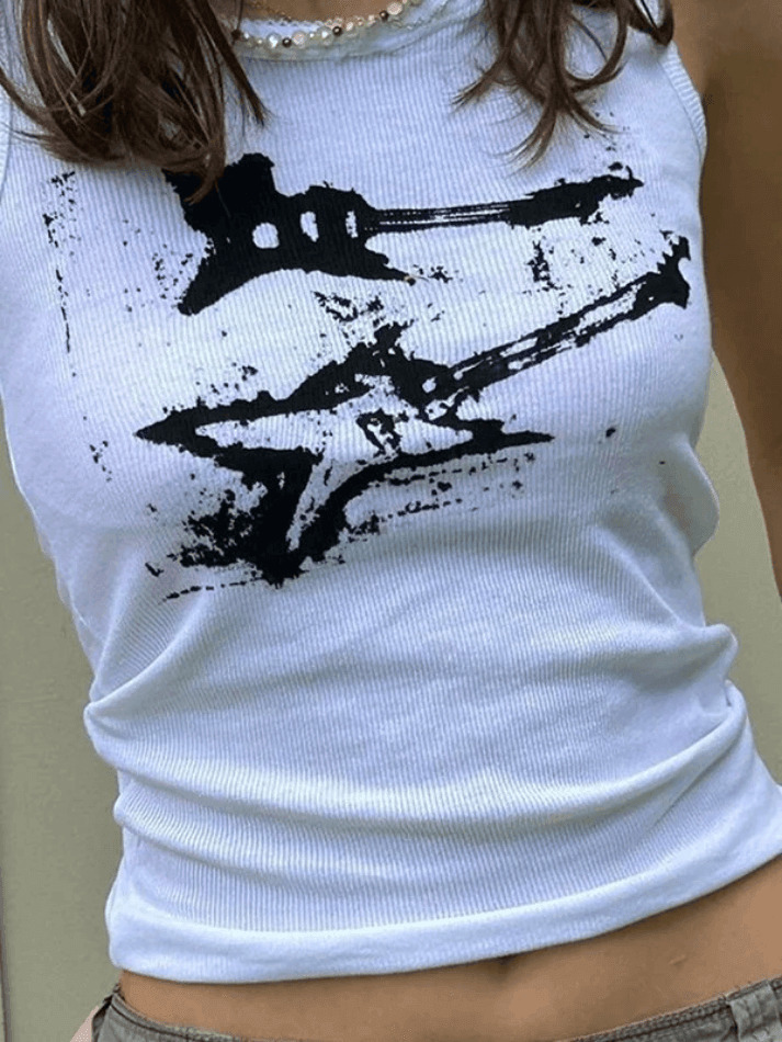 Y2K Aesthetic Guitar Ribbed Cropped Tank - Coquette Grunge Pastel Goth