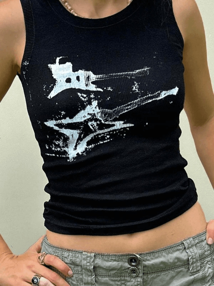Y2K Aesthetic Guitar Ribbed Cropped Tank - Coquette Grunge Pastel Goth