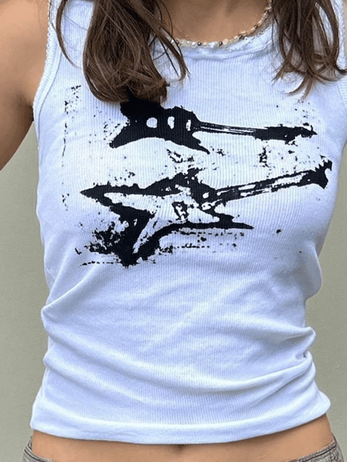 Y2K Aesthetic Guitar Ribbed Cropped Tank - Coquette Grunge Pastel Goth