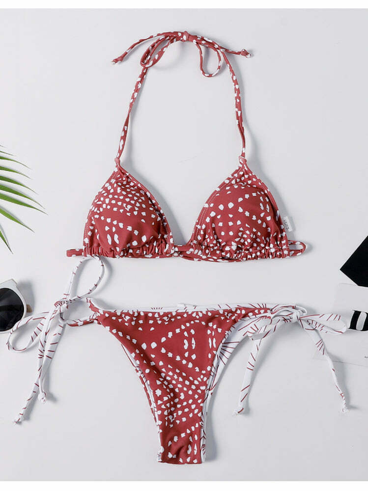 Y2K Aesthetic Halter Bikini Set - Unique Print for Niche Women Fashion