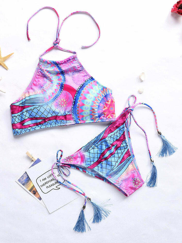 Y2K Aesthetic Halter Bikini with Scoop Back and Tassel Detail - Sexy Printed Swimsuit