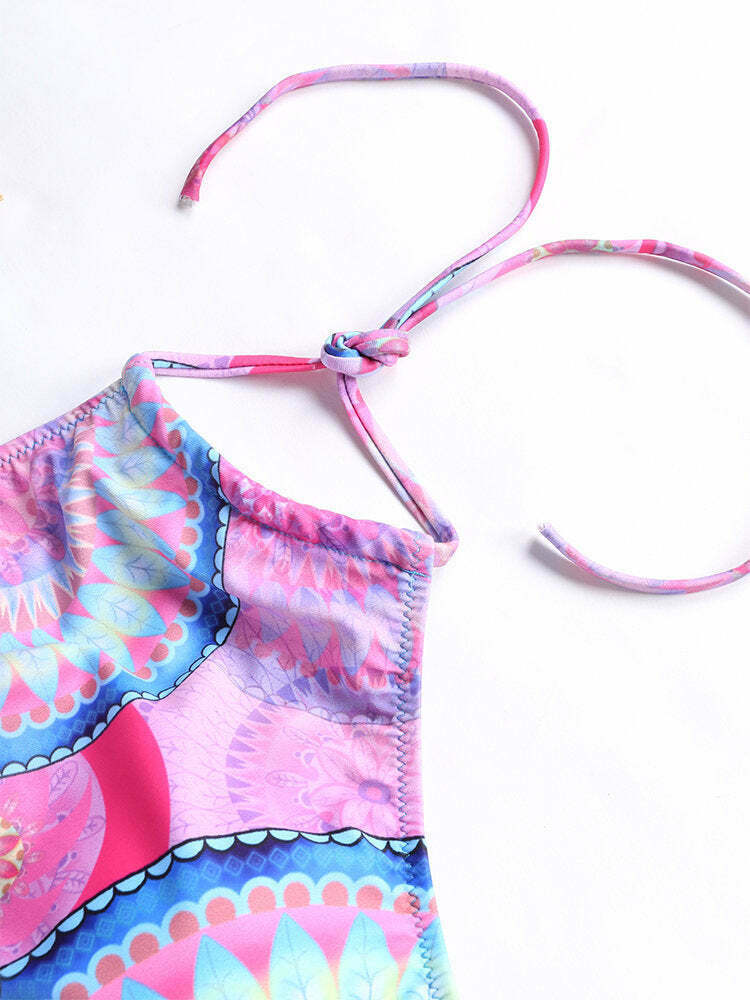 Y2K Aesthetic Halter Bikini with Scoop Back and Tassel Detail - Sexy Printed Swimsuit