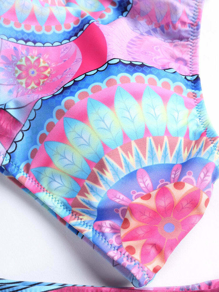 Y2K Aesthetic Halter Bikini with Scoop Back and Tassel Detail - Sexy Printed Swimsuit