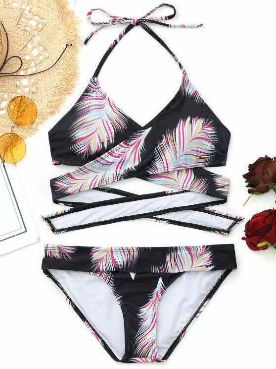 Y2K Aesthetic Halter Feather Print Wrap Bikini - Trendy Women's Fashion
