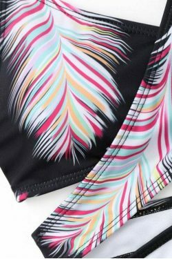 Y2K Aesthetic Halter Feather Print Wrap Bikini - Trendy Women's Fashion