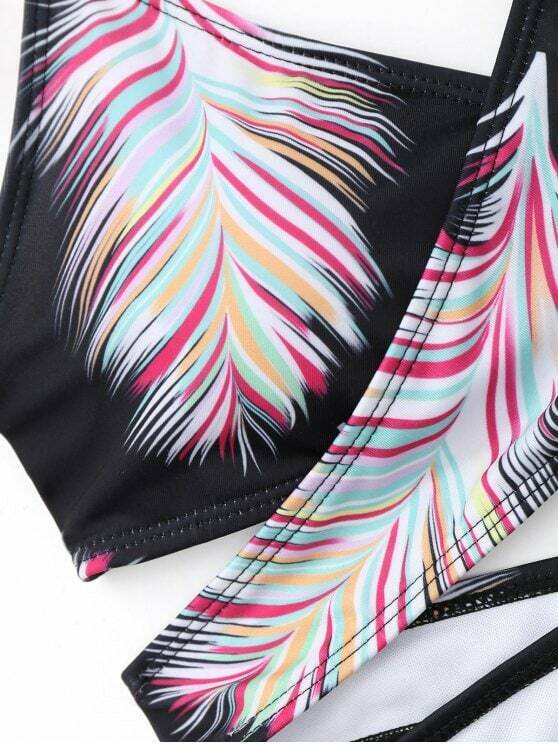 Y2K Aesthetic Halter Feather Print Wrap Bikini - Trendy Women's Fashion