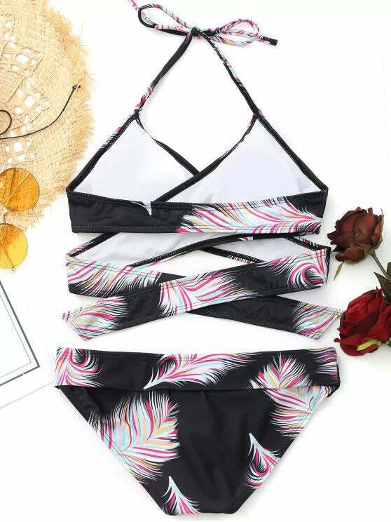 Y2K Aesthetic Halter Feather Print Wrap Bikini - Trendy Women's Fashion