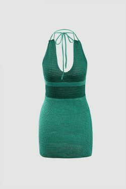 Y2K Aesthetic Halter Neck Backless Knit Mini Dress for Women - Coquette Style Grunge Fashion