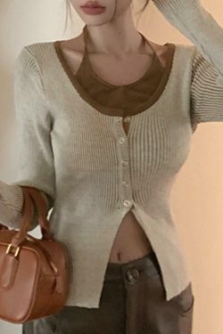 Y2K Aesthetic Halter Slit Cropped Knit Top - Coquette & Grunge Style, Cute &