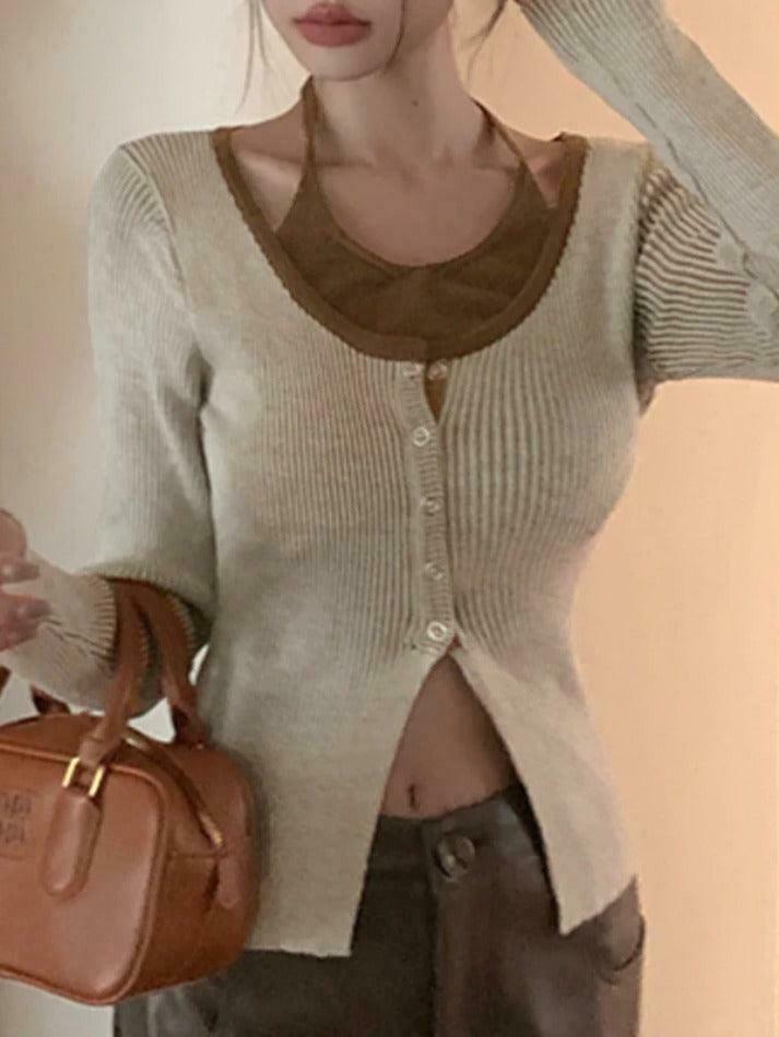 Y2K Aesthetic Halter Slit Cropped Knit Top - Coquette & Grunge Style, Cute &