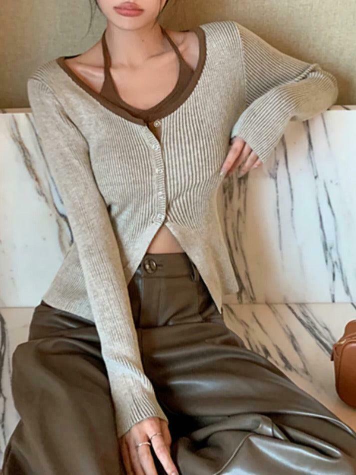 Y2K Aesthetic Halter Slit Cropped Knit Top - Coquette & Grunge Style, Cute &